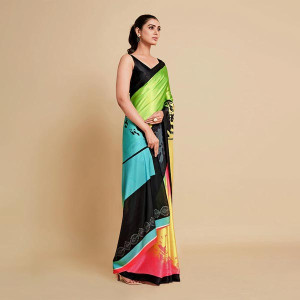 Lime Green & Blue Satin Saree